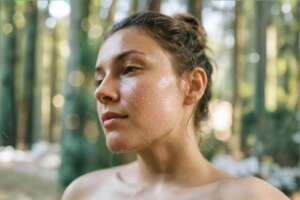 A woman with dewy, hydrated skin stands in a serene, natural forest setting, embodying natural health and purity.
