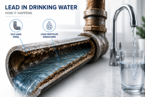 Infographic illustrating how lead from old, corroded pipes dissolves into the water supply, leading to contaminated drinking water from the tap.